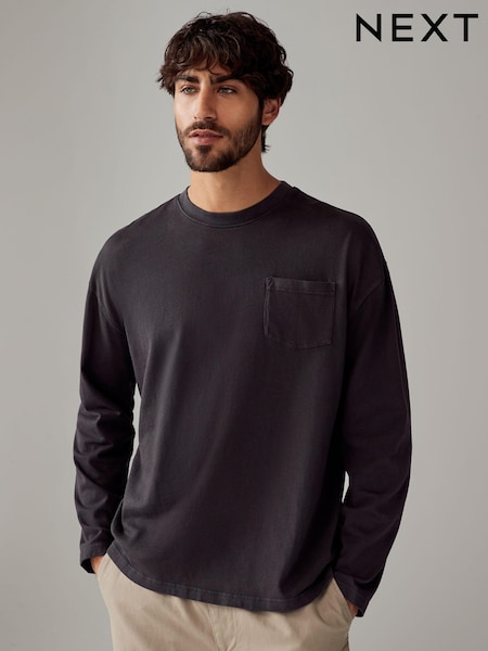 Charcoal Grey Long Sleeve Garment Dye Heavyweight 100% Cotton T-Shirt (B75606) | €12.50