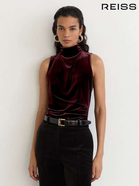 عنابي - Reiss Remi Velvet High-neck Sleeveless Top