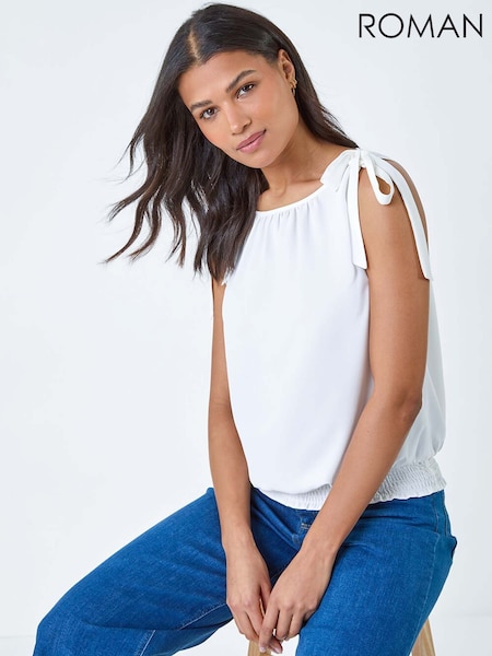 Roman White Bow Detail Shirred Hem Top (B75834) | ₪201