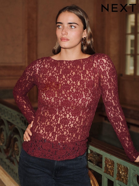 Burgundy Red Slash Neck Long Sleeve Lace Top (B75905) | AED85