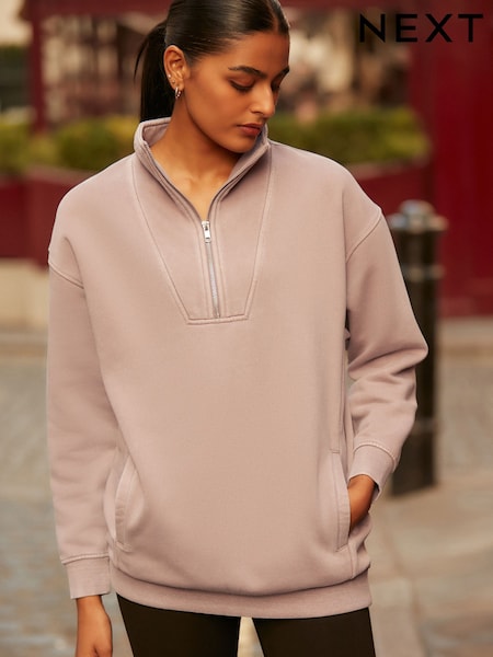 Pink Blush Relaxed Fit Acid Washed Longline Zip Neck Sweatshirt (B75958) | €39