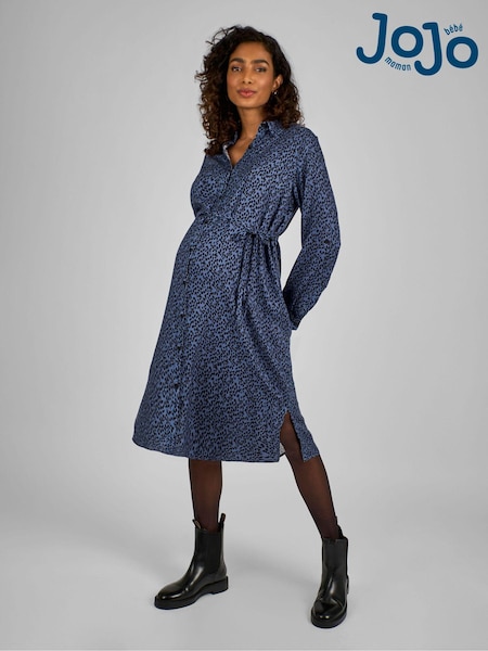 JoJo Maman Bébé Navy Blue Animal Print Shirt Maternity Dress With Tie (B75980) | $150
