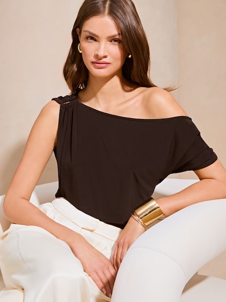 Lipsy Black Asymmetric Short Sleeve Slinky Top (B75994) | € 9