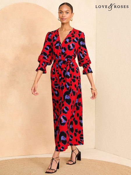 Roșu animal - Love & Roses Printed 3/4 Sleeve Cu centură/curea Midi Rochie (B76117) | 242 LEI