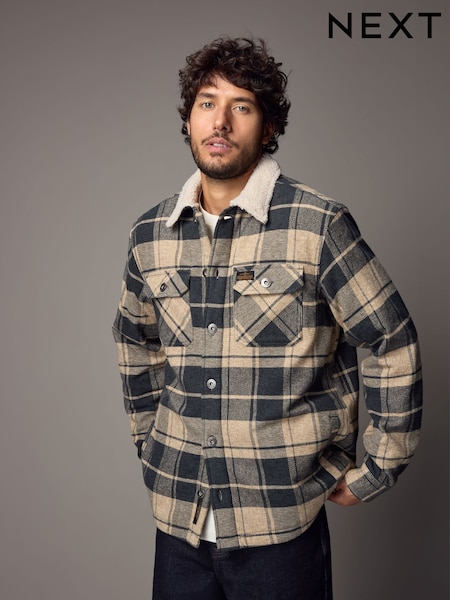 Grey/Neutral Borg Lined Check Shacket (B76231) | R$ 650