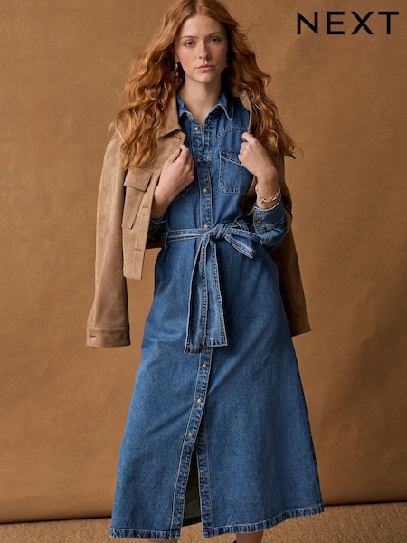 Dark Blue Tiered Seam Front Denim 100% Cotton Midi Dress (B76309) | €60