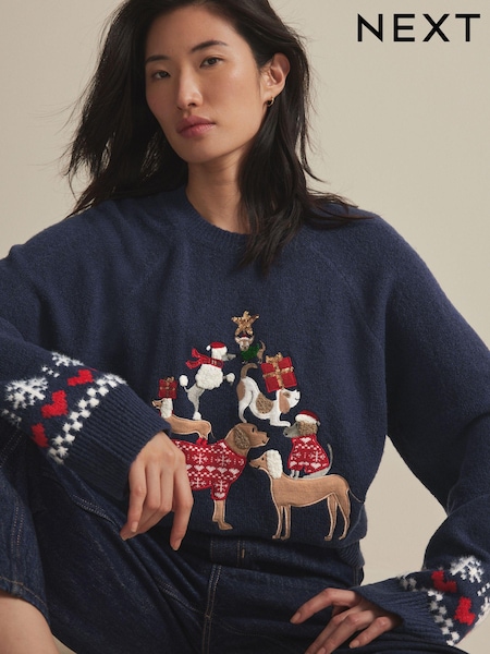 Синий пес с графикой - Knitted Christmas Jumper (B76401) | €16