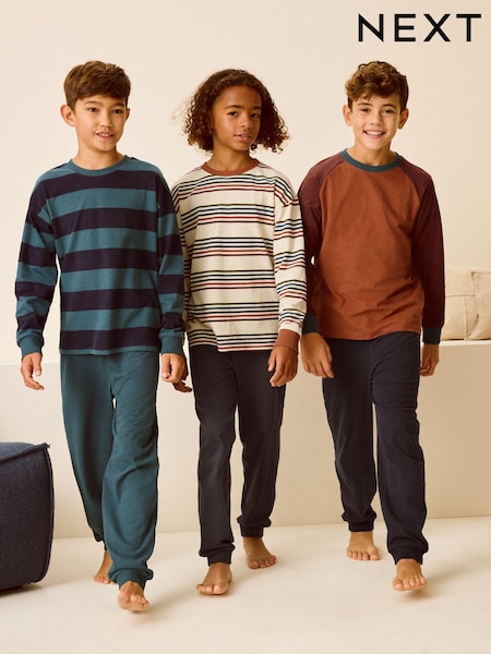 أصفر مائل للبني/أزرق داكن - 3 Pack Long Sleeve Pyjamas (3-16yrs) (B76640) | ‏110 ر.ق. - ‏138 ر.ق.