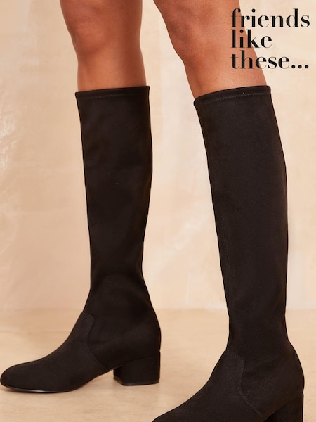 Friends Like These Black Wide Fit Low Block Heel Knee Stretch Faux Suede Boots (B76701) | AED199