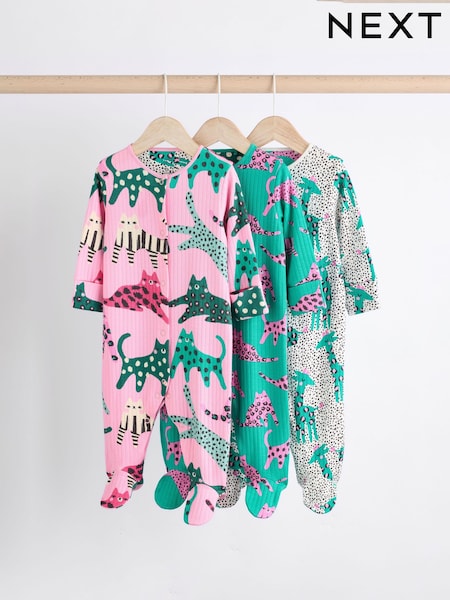 Rosa/Verde - Popper Baby 100% Cotton Sleepsuits 3 Pack (0mths-2yrs) (B76747) | 26 € - 29 €