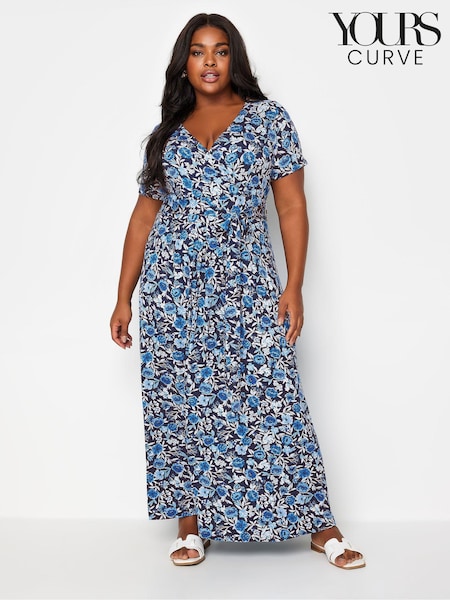 Yours Curve Blue Navy Blue Floral Print Wrap Maxi Dress (B76774) | AED227