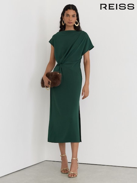 Zilganzaļa - Reiss Beth Off-shoulder Tuck-detail Midi Dress