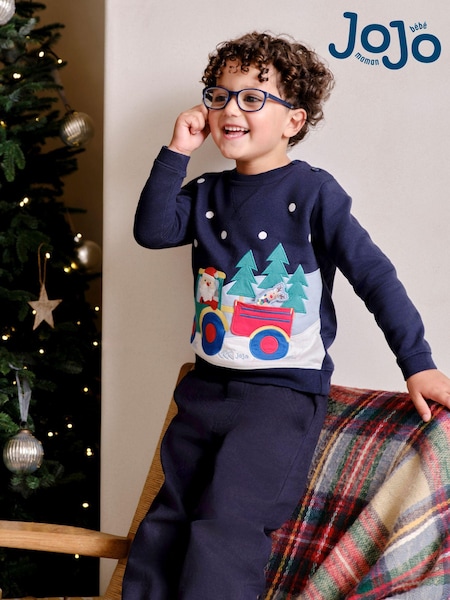JoJo Maman Bébé Navy Blue Santa and Reindeer Tractor Sweatshirt (B76923) | $45