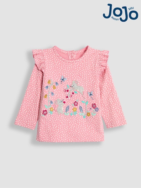 JoJo Maman Bébé Pink Bunny & Mouse Frill Long Sleeve Appliqué Top (B77091) | €29