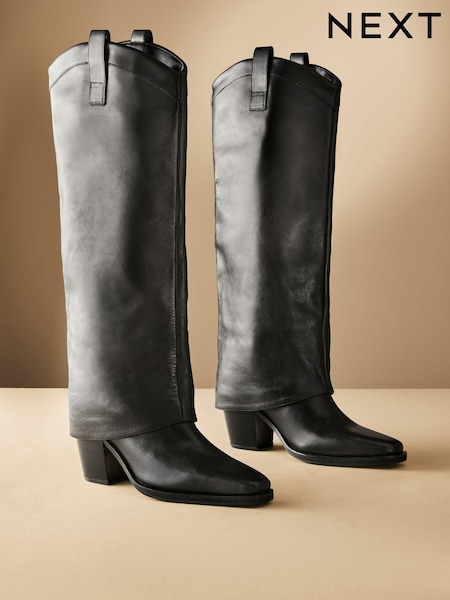 Black Premium Cowboy Gaiter Boho Knee High Boots (B77120) | €201
