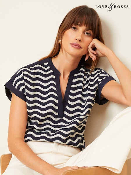 Love & Roses Blue Wave Stripe Jersey V Neck Woven Trim Short Sleeve T-Shirt (B77130) | €17