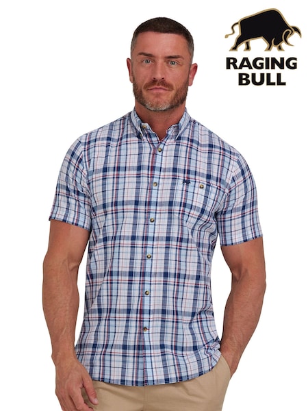 Raging Bull Blue Short Sleeve Large Multi Check Linen Look Shirt (B77132) | €41 - €47