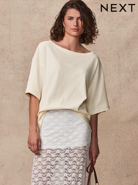 Ecru White Relaxed Fit Boxy 100% Cotton Slouch Shoulder T-Shirt (B77227) | €17.50