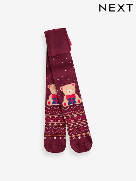 Dark Red Teddy Bear Cotton Rich Christmas Character Tights (B77231) | AED19 - AED23