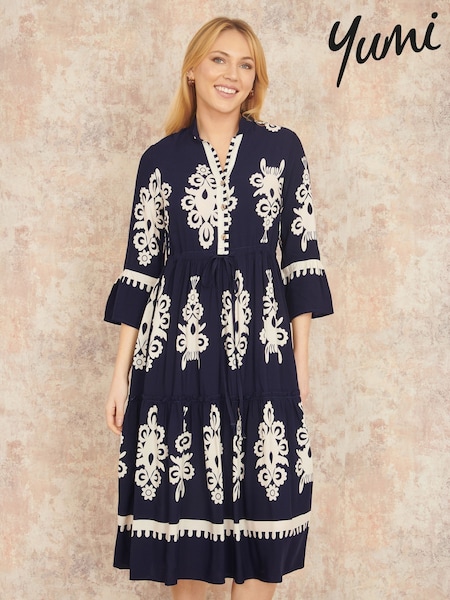 Yumi Blue Viscose Midi Dress With Long Sleeves (B77237) | €69