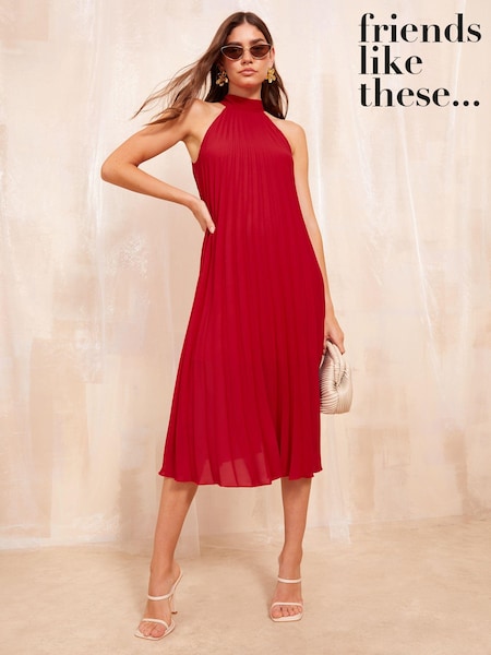 Friends Like These Red Halter Neck Pleated Midi Dress (B77382) | 184 QAR