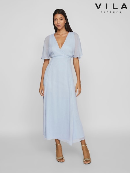 VILA Light Blue Angel Sleeve Midi Occasion Dress (B77413) | €42