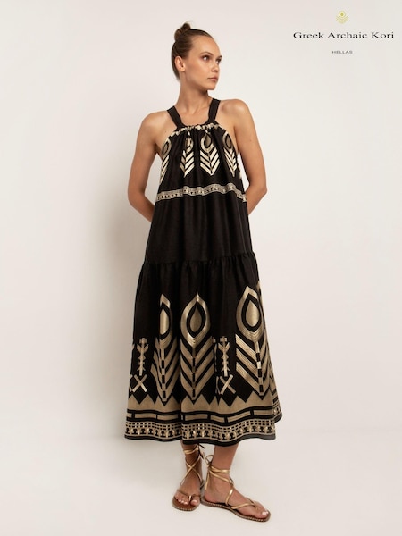 Greek Archaic Kori Black Embroidered 100% Linen Halterneck Maxi Dress (B77447) | €130