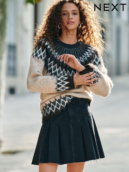 Black 100% Cotton Pleated Denim Mini Skirt (B77455) | €9