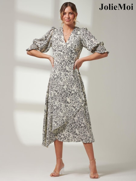 Jolie Moi White Puff Sleeve Wrap Midi Dress (B77516) | 170 QAR