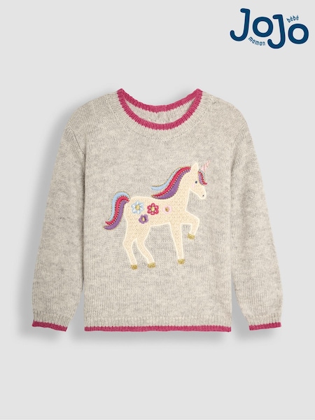 Marl Grey Unicorn - Jojo Maman Bébé Appliqué Jumper (B77544) | €45