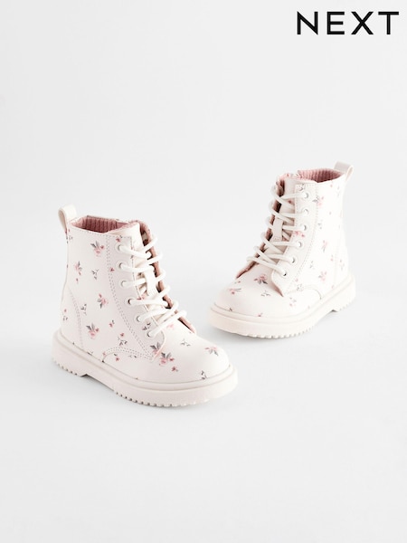 Neutral White Wide Fit (G) Floral Lace Up Ankle Boots (B77566) | $45 - $52