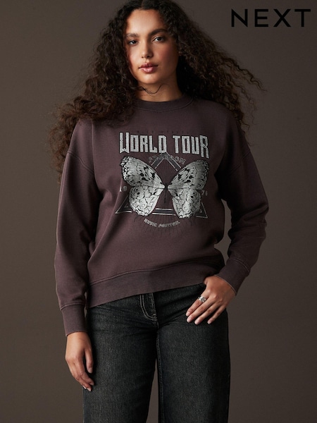 Purple Washed Purple Dropped Should Crew Neck Butterfly Tour Graphic Sweatshirt (B77601) | AED79