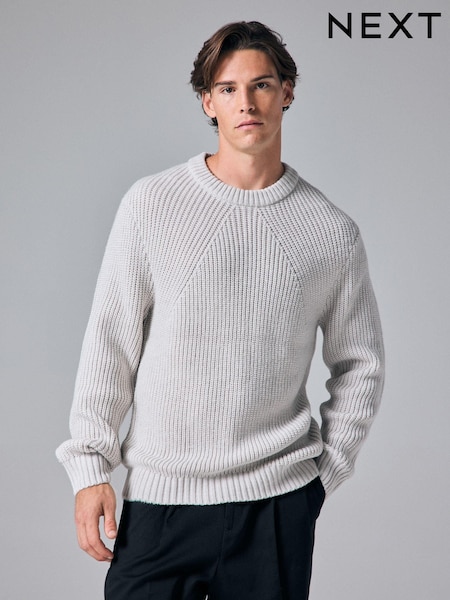 Ecru White Crew Neck Regular Fit Rib Texture Jumper with Wool (B77628) | €33