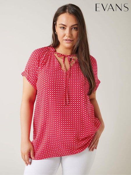 Roșu - Evans Curve Dot Imprimeu Cravată Neck Bluze (B77691) | 133 LEI