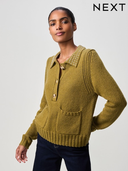 Olive Green Gem Embellished Collar Jumper (B77761) | € 31