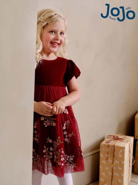 JoJo Maman Bébé Berry Pink Floral Embroidered Tulle Party Dress (B77786) | €72 - €81