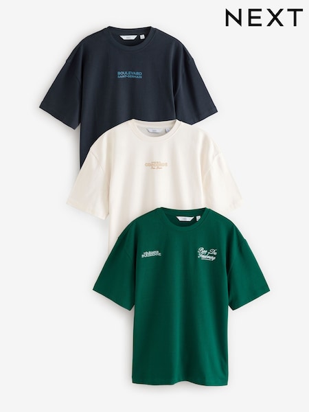 Navy/Ecru/Green Relaxed Fit Graphic Print Heavyweight 100% Cotton T-Shirt (B77824) | €28