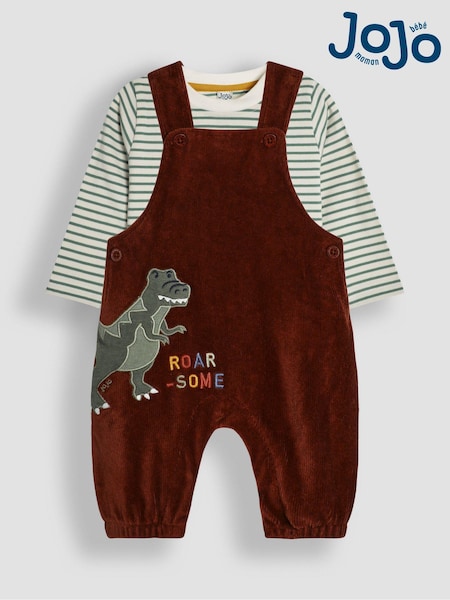 JoJo Maman Bébé Brown T-Rex Applique Velour Dungarees & Top Set (B77836) | R$ 275