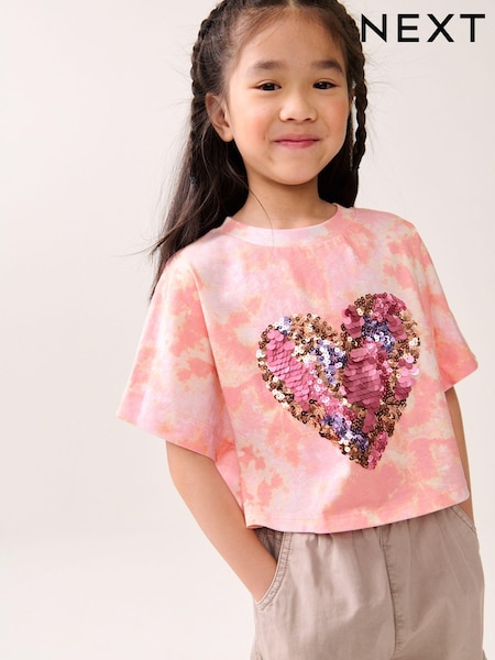 Pink Tie Dye 100% Cotton Sequin Heart T-Shirt (3-16yrs) (B77844) | €10 - €14