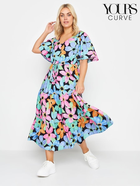 Yours Curve Pink YOURS Curve Black Floral Angel Sleeve Maxi Dress (B77954) | AED110