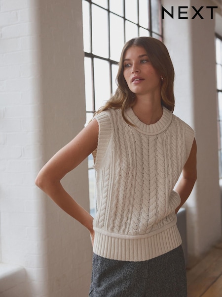 White Ecru 100% Lambswool Premium Sleeveless Cable Knitted Jumper Tank Vest Top (B78002) | $41