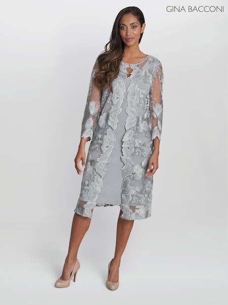 Gina Bacconi Grey Savoy Embroidered Lace Mock Jacket With Jersey Dress (B78024) | €232