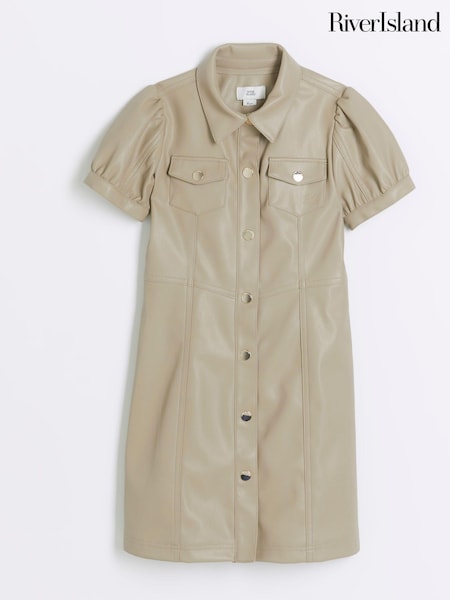 River Island Cream Girls Seamed Faux Leather Shirt Dress (B78066) | €43