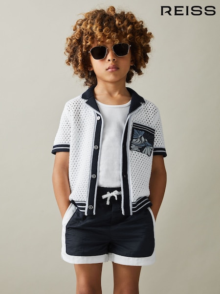 Reiss White/Blue Lucile 3-9 yrs Open-Stitch Embroidered Cuban Collar Shirt (B78097) | €30