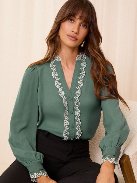 Love & Roses Satin Broderie Ruffle Long Sleeve Blouse (B78106) | 139 LEI
