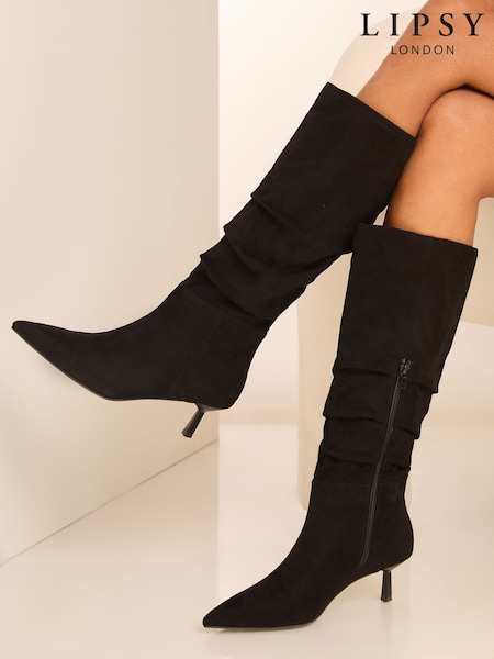 Lipsy Black Wide Fit Kitten Heel Faux Leather Ruched Long Knee High Boot (B78127) | AED145
