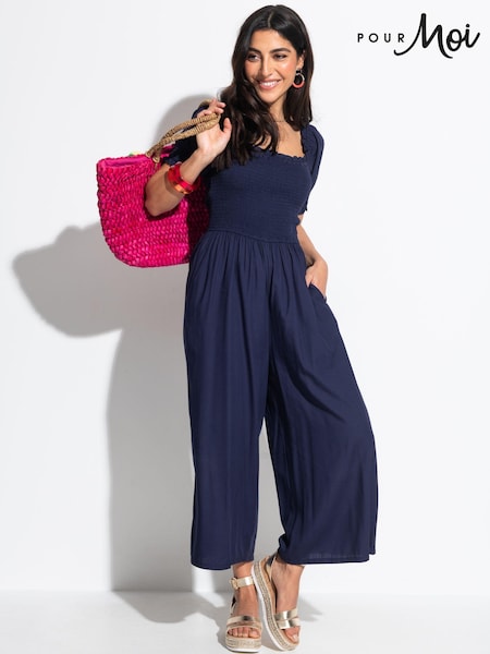 Pour Moi Navy Blue Sally Fuller Bust Shirred Bodice LENZING™ ECOVERO™ Puff Sleeve Jumpsuit (B78149) | $120