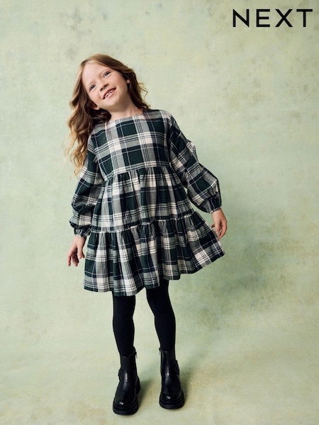 Green Check Long Sleeve Tiered 100% Cotton Dress (3-16yrs) (B78232) | AED53 - AED71
