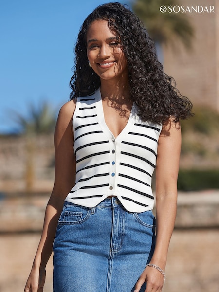Sosandar White Stripe Knitted Waistcoat (B78396) | kr557