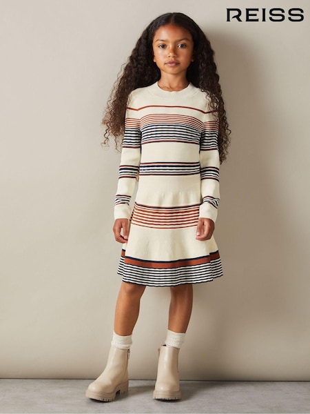 Reiss Camel Remi 4-9 yrs Knitted Striped Skater Dress (B78435) | 441 QAR